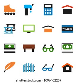 solid vector ixon set - welcome mat vector, pen, glasses, calculator, cash, roller Skates, money, dry cargo, film frame, monitor, bench, water supply, fence, home