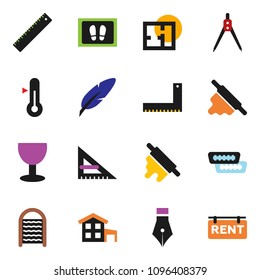 solid vector ixon set - welcome mat vector, washboard, rolling pin, thermometer, pen, corner ruler, drawing compass, glass, hdmi, cottage, plan, rent signboard