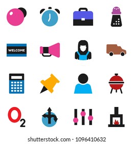 solid vector ixon set - welcome mat vector, cleaner woman, hand mill, bbq, case, calculator, alarm clock, paper pin, fitball, oxygen, route, car, loudspeaker, settings, user, fireplace