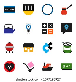 solid vector ixon set - welcome mat vector, kettle, scales, turk coffee, bbq, cent sign, heart pulse, sports nutrition, hoop, traking, ship, sea container, cargo, store, calculator, check