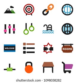 solid vector ixon set - welcome mat vector, world, target, pool, gymnast rings, weight, settings, link, connect, disconnection, menu, globe, mountain, rooms signboard, table, cart