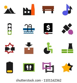 solid vector ixon set - welcome mat vector, music, annual report, pool, satellite, traffic light, package, film frame, battery, disabled, disconnection, bench, mountain, factory, star