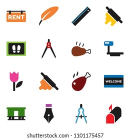 solid vector ixon set - welcome mat vector, rolling pin, chicken leg, pen, ruler, drawing compass, tulip, big scales, Railway carriage, rent signboard, mailbox
