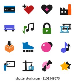 solid vector ixon set - welcome mat vector, blackboard, music, fitball, roller Skates, package, film frame, heart cross, broken bone, bench, lock, construction crane, factory, star