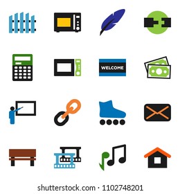 solid vector ixon set - welcome mat vector, microwave oven, pen, blackboard, calculator, music, roller Skates, money, film frame, link, mail, bench, connection, fence, home