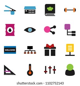 solid vector ixon set - welcome mat vector, cook press, cookbook, corner ruler, hierarchy, barbell, oil barrel, settings, social media, thermometer, eye, hospital building, network document, gift