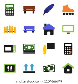solid vector ixon set - welcome mat vector, microwave oven, pen, blackboard, calculator, cash, roller Skates, money, top sign, monitor, home, bench, fence