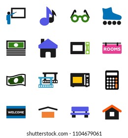 solid vector ixon set - welcome mat vector, microwave oven, blackboard, glasses, music, cash, calculator, roller Skates, dry cargo, film frame, home, bench, rooms signboard