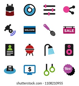 solid vector ixon set - welcome mat vector, shower, skimmer, bbq, backpack, personal information, pie graph, monitor dollar, gymnast rings, weight, satellitie, social media, speaker, equalizer, new