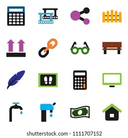 solid vector ixon set - welcome mat vector, pen, glasses, cash, calculator, top sign, film frame, monitor, link, share, bench, water supply, fence, home