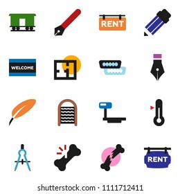 solid vector ixon set - welcome mat vector, washboard, thermometer, pen, pencil, drawing compass, big scales, Railway carriage, hdmi, broken bone, plan, rent signboard