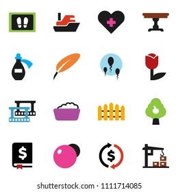 solid vector ixon set - welcome mat vector, foam basin, pen, exchange, annual report, fitball, ship, tulip, film frame, heart cross, potion, sperm, fruit tree, fence, table, construction crane