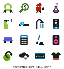 solid vector ixon set - welcome mat vector, toilet brush, sprayer, shower, medal, money search, video camera, speaker, flask, eye doctor hat, cloud shield, bench, redo, calculator, tap pay, clothes