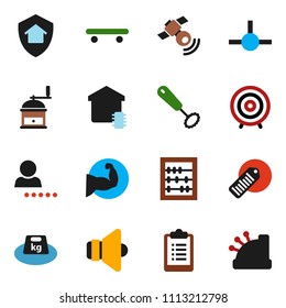 solid vector ixon set - whisk vector, hand mill, abacus, target, clipboard, muscule, skateboard, weight, barcode, satellitie, speaker, connect, login, smart home, protect, cashbox