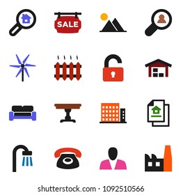 solid vector ixon set - windmill vector, mountain, barn, estate document, sale signboard, apartments, search, client, consumer, unlock, table, bath, cushioned furniture, heating, phone, factory