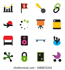 solid vector ixon set - window cleaning vector, skimmer, cutting board, presentation, dollar flag, skateboard, molecule, plane, equalizer, link, speaker, loading, route arrow, lock, market
