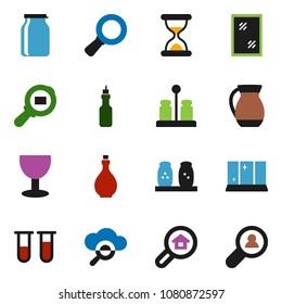 solid vector ixon set - window cleaning vector, shining, oil, spices, jug, jar, magnifier, glass, cargo search, vial, sand clock, cloud, estate, client