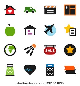 solid vector ixon set - window cleaning vector, grater, diet, heart pulse, shuttlecock, earth, plane, car, warehouse, cinema clap, favorites, sale signboard, love home, signpost