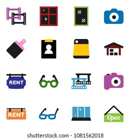 solid vector ixon set - window cleaning vector, shining, cutting board, glasses, personal information, film frame, camera, barn, rent signboard, open