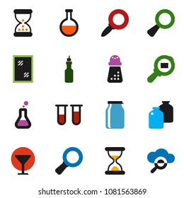 solid vector ixon set - window cleaning vector, hand mill, jar, oil, magnifier, glass, cargo search, flask, vial, sand clock, cloud