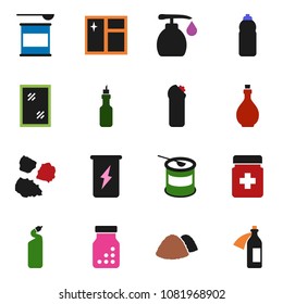 solid vector ixon set - window cleaning vector, liquid soap, agent, garbage pile, oil, sports nutrition, enegry drink, water bottle, pills, potion
