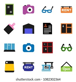 solid vector ixon set - window cleaning vector, shining, cutting board, glasses, personal information, film frame, camera, barn, rent signboard, open