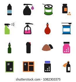 solid vector ixon set - window cleaning vector, liquid soap, sprayer, agent, garbage pile, oil, pills vial, sports nutrition, water bottle, potion