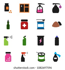 solid vector ixon set - window cleaning vector, liquid soap, sprayer, agent, garbage pile, oil, pills vial, sports nutrition, enegry drink, water bottle, potion