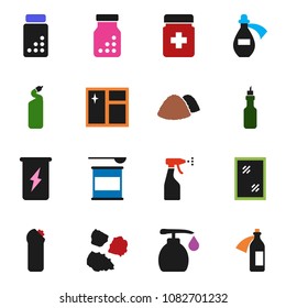 solid vector ixon set - window cleaning vector, liquid soap, sprayer, agent, garbage pile, oil, pills vial, sports nutrition, enegry drink, bottle, potion