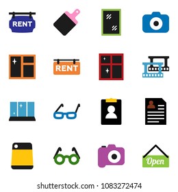 solid vector ixon set - window cleaning vector, shining, cutting board, glasses, personal information, film frame, camera, rent signboard, open