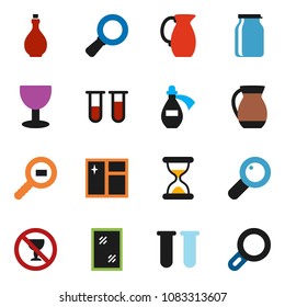 solid vector ixon set - window cleaning vector, oil, jug, jar, magnifier, no alcohol sign, glass, cargo search, vial, sand clock, potion