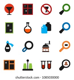 solid vector ixon set - window cleaning vector, shining, hand mill, spices, jar, magnifier, no alcohol sign, glass, cargo search, flask, vial, potion, client