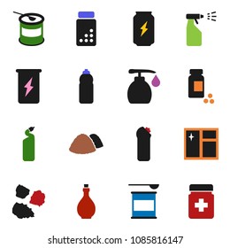 solid vector ixon set - window cleaning vector, liquid soap, sprayer, agent, garbage pile, oil, pills vial, sports nutrition, enegry drink, water bottle