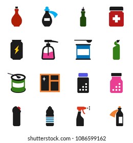 solid vector ixon set - window cleaning vector, liquid soap, sprayer, agent, oil, pills vial, sports nutrition, enegry drink, water bottle, potion