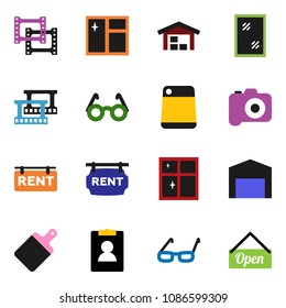 solid vector ixon set - window cleaning vector, shining, cutting board, glasses, personal information, film frame, camera, barn, rent signboard, open