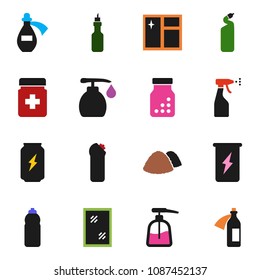 solid vector ixon set - window cleaning vector, liquid soap, sprayer, agent, garbage pile, oil, enegry drink, water bottle, pills, potion
