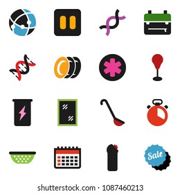 solid vector ixon set - window cleaning vector, agent, plates, colander, cook timer, ladle, backpack, punching bag, enegry drink, calendar, pause button, ambulance star, dna, connection, sale