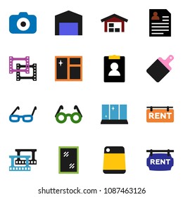 solid vector ixon set - window cleaning vector, shining, cutting board, glasses, personal information, film frame, camera, barn, rent signboard