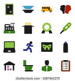 solid vector ixon set - window cleaning vector, toilet, plates, pasta, medal, school bus, boxing glove, water bottle, run, client, warehouse, notebook pc, thermometer, gift, cashbox, shopping list