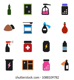 solid vector ixon set - window cleaning vector, liquid soap, sprayer, garbage pile, oil, pills vial, sports nutrition, enegry drink, water bottle, potion