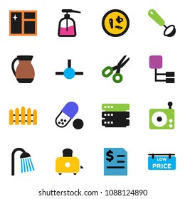 solid vector ixon set - window cleaning vector, liquid soap, shower, ladle, toaster, jug, scissors, annual report, pills, radio, microbs, connect, big data, hierarchy, fence, low price signboard