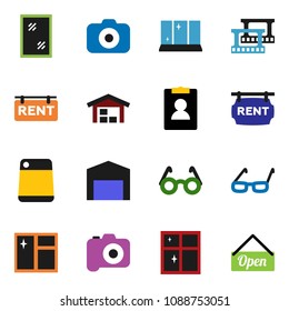solid vector ixon set - window cleaning vector, shining, cutting board, glasses, personal information, film frame, camera, barn, rent signboard, open