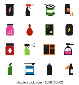 solid vector ixon set - window cleaning vector, liquid soap, sprayer, agent, oil, pills vial, sports nutrition, enegry drink, water bottle, potion
