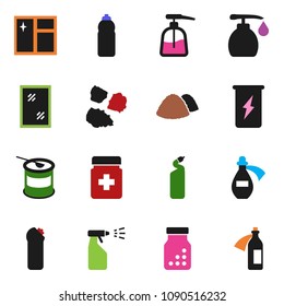 solid vector ixon set - window cleaning vector, liquid soap, sprayer, agent, garbage pile, sports nutrition, enegry drink, water bottle, pills, potion