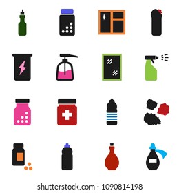 solid vector ixon set - window cleaning vector, liquid soap, sprayer, agent, garbage pile, oil, pills vial, enegry drink, water bottle, potion
