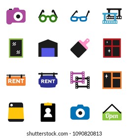 solid vector ixon set - window cleaning vector, shining, cutting board, glasses, personal information, film frame, camera, barn, rent signboard, open