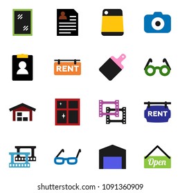 solid vector ixon set - window cleaning vector, shining, cutting board, glasses, personal information, film frame, camera, barn, rent signboard, open