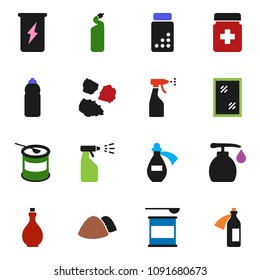 solid vector ixon set - window cleaning vector, liquid soap, sprayer, agent, garbage pile, oil, pills vial, sports nutrition, enegry drink, water bottle, potion