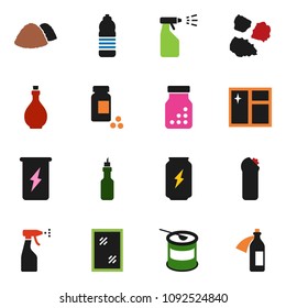 solid vector ixon set - window cleaning vector, sprayer, agent, garbage pile, oil, pills vial, sports nutrition, enegry drink, water bottle, potion