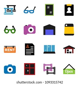 solid vector ixon set - window cleaning vector, shining, cutting board, glasses, personal information, film frame, camera, barn, rent signboard, open